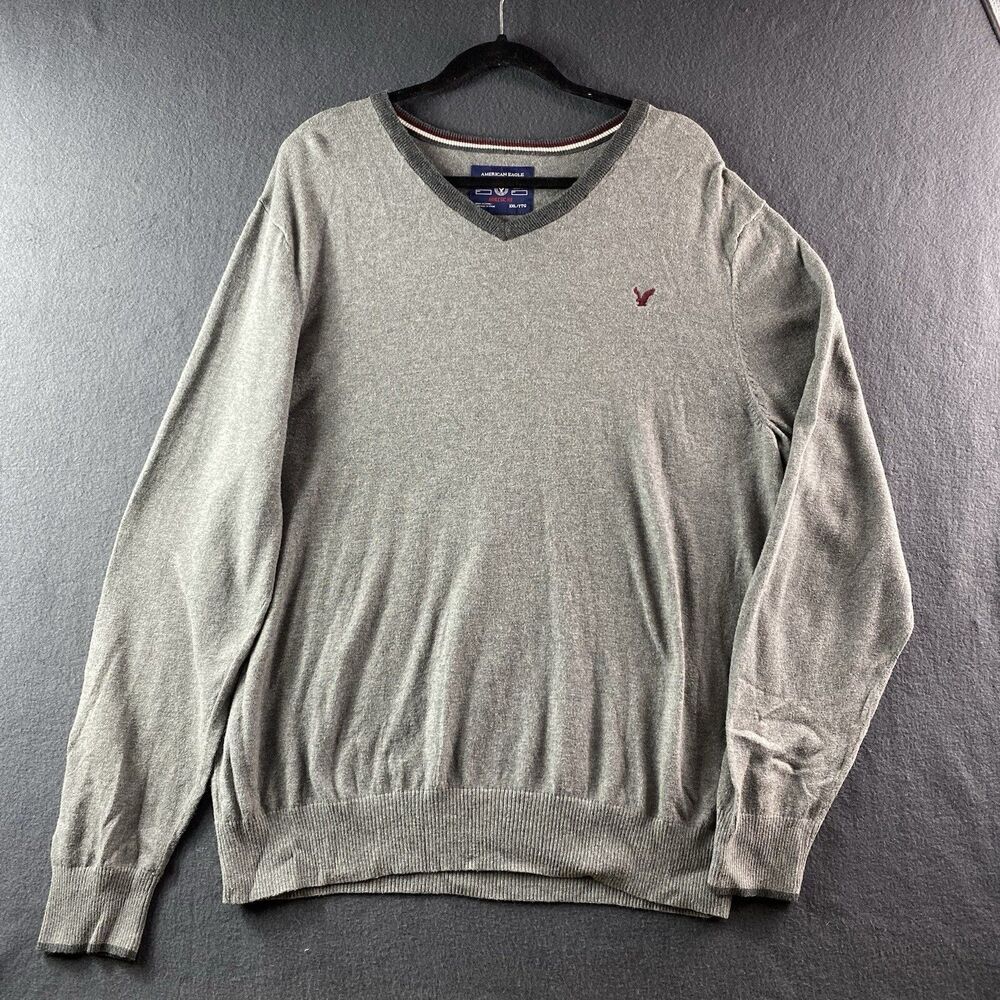 American Eagle Mens XXL Gray V-Neck Sweater XXL Big & Tall Cotton Knit Logo Soft
